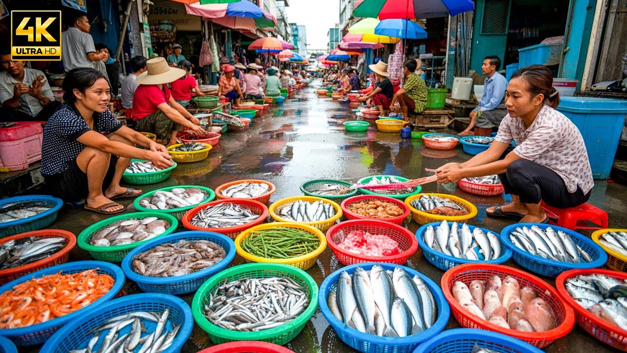 Busy Morning Market in Cambodia  Fresh Fish, Vendors & Street Life