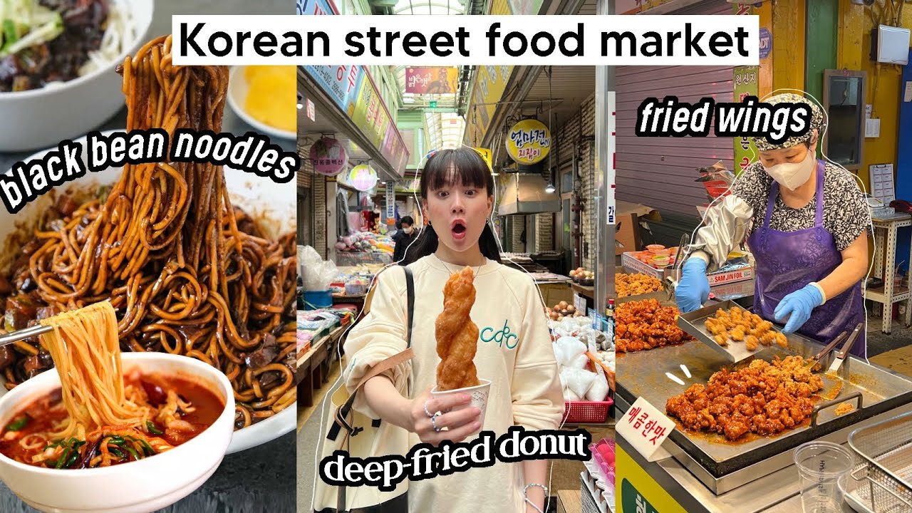Mukbang at Korean Street Food Market: black bean noodles, fried wings, deep-fried donut | Q2HAN