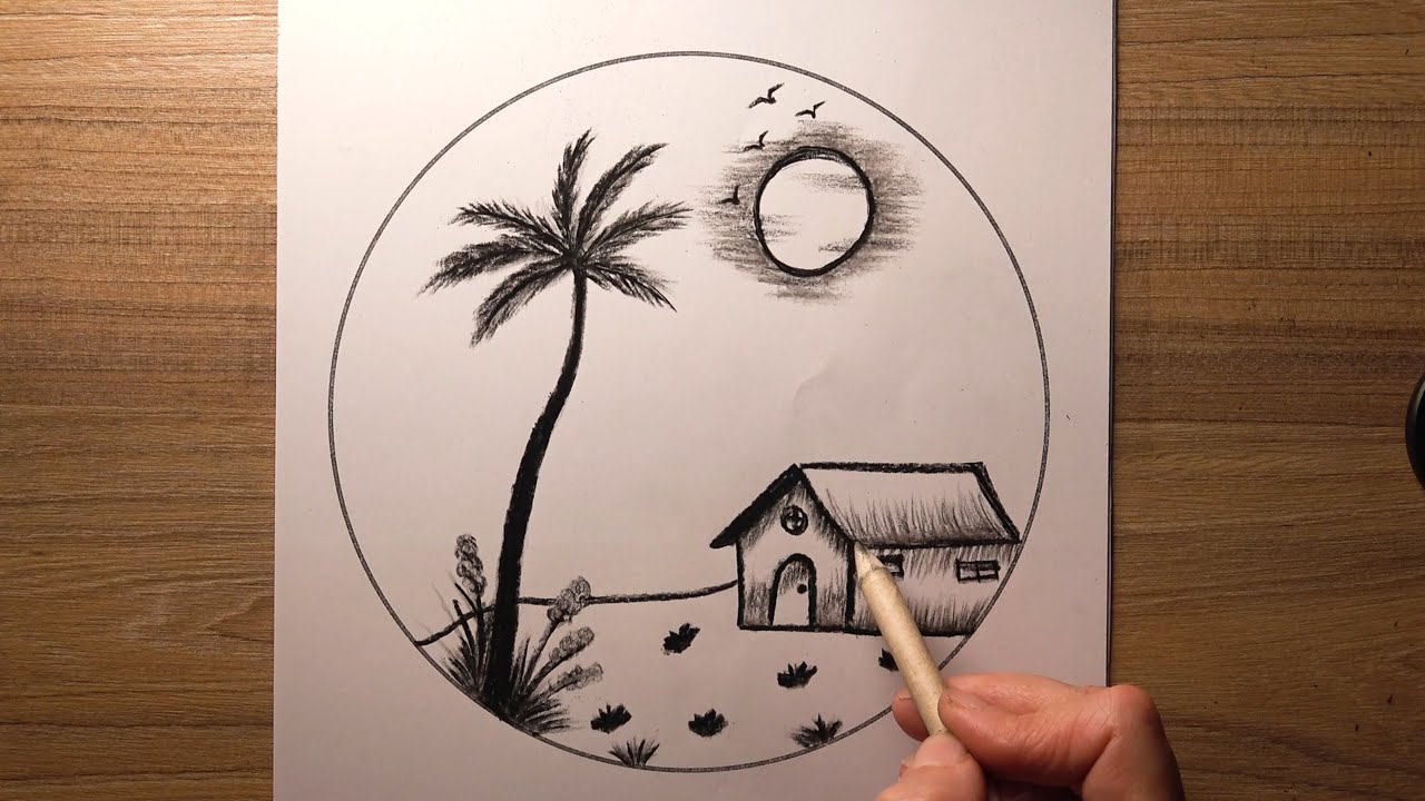 How to draw Circular Nature Art | Drawing Landscape with Sun