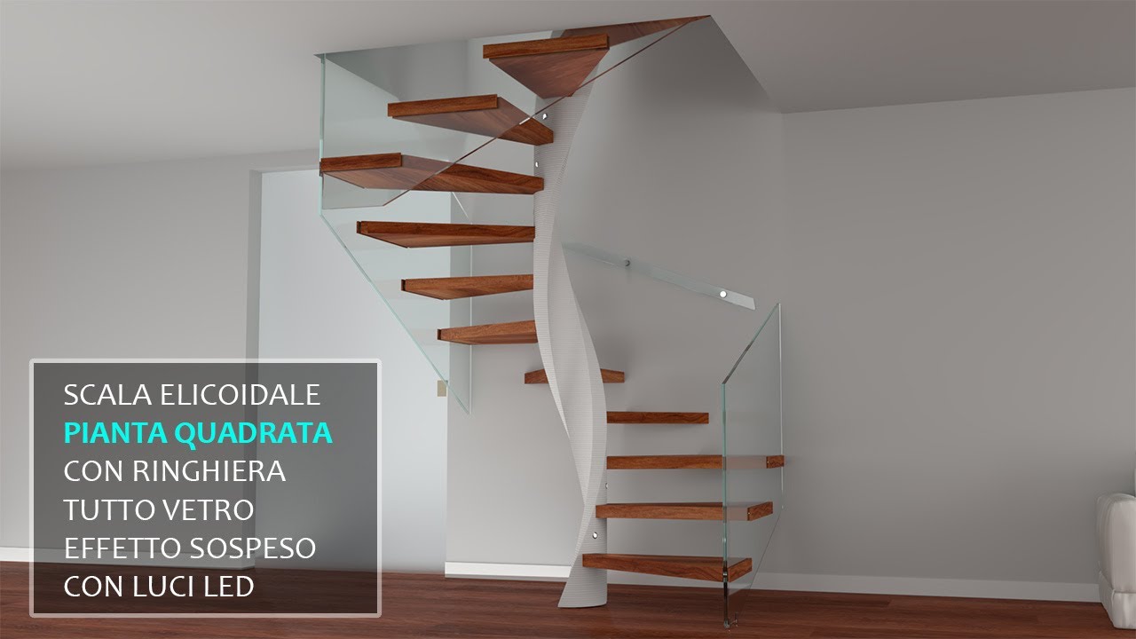 scala elicoidale a pianta quadrata con spirale nero e gradini in legno con alzata aperta e ringhiere