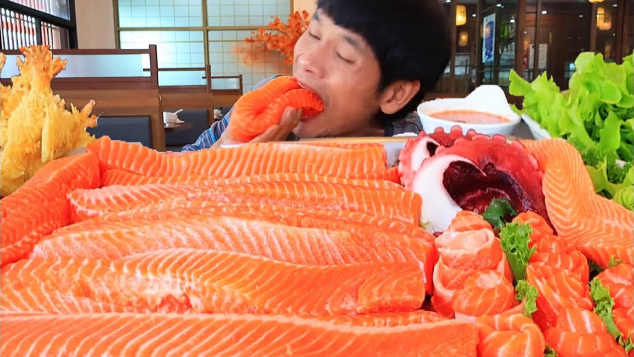 ซาซิมิแซลมอนจิ้มซีฟู๊ดแกล้มผักสดแซ่บคักอีหลีครับพี่น้องMUKBANG EATING SHOW/โก้อีสานพาแดก