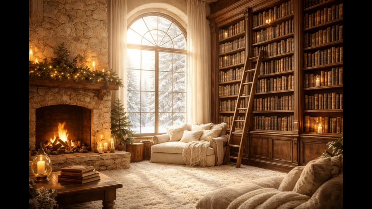 Cozy  Library Fireplace Ambience 📚🔥 Snowy Window & Warm Reading Nook