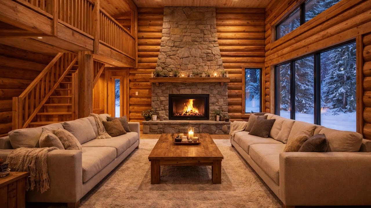 Snow Falling on a Quiet Town  Fireplace Study and Deep Focus Indoors