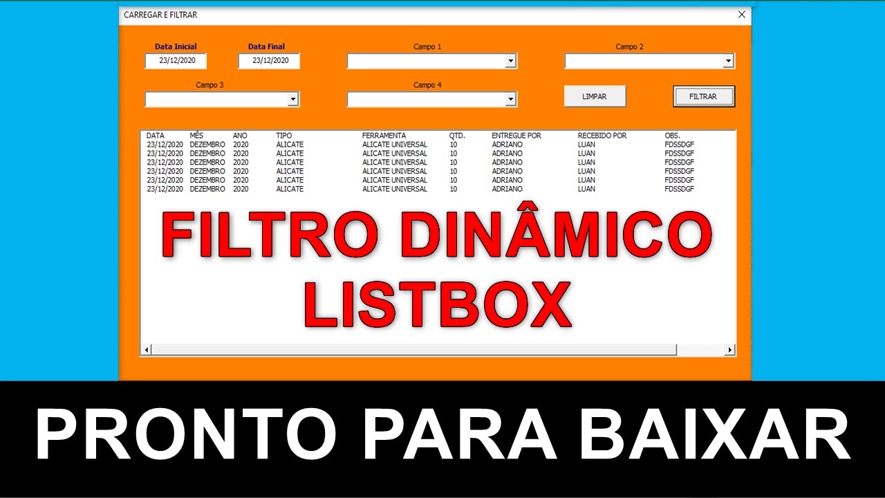 Carregar ABA ATIVA da Planilha para Listbox Excel VBA e Filtrar por Texto e Data