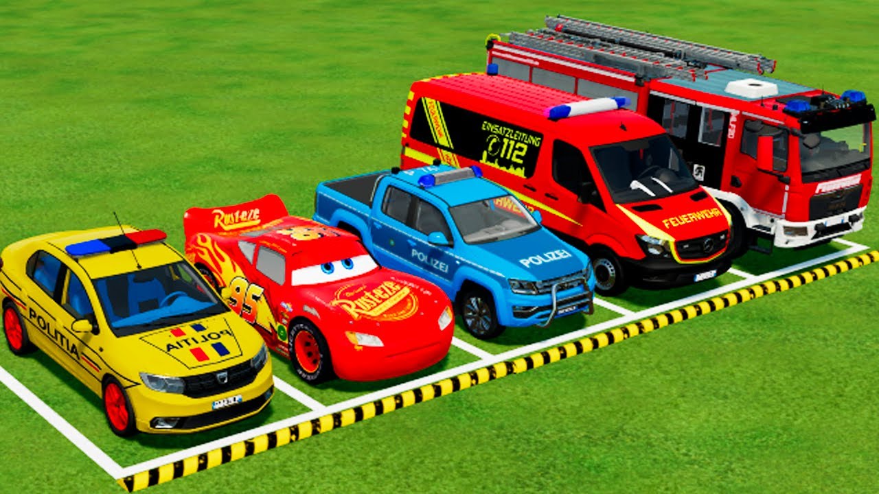DACIA, MCQUEEN CAR, FORD POLICE CARS, AMBULANCE EMERGENCY TRANSPORTING WITH TRUCKS ! FS22 #3