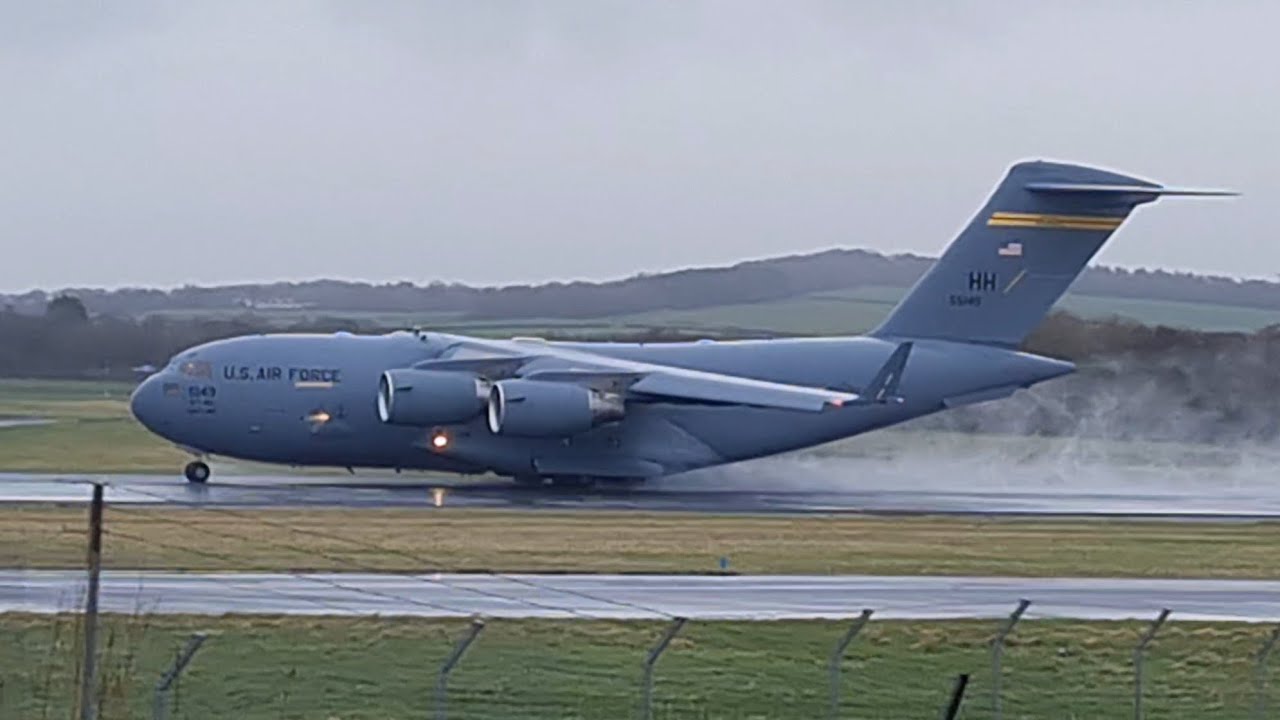 United States Air Force Boeing C-17 Globemaster III departing Prestwick bound for Elmendorf
