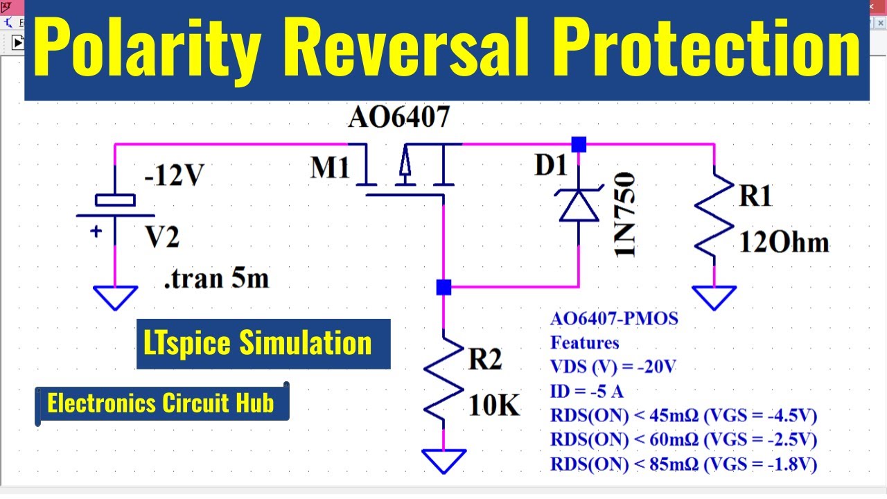 LTSpice Reverse Polarity Protection Using MOSFET | Simulation