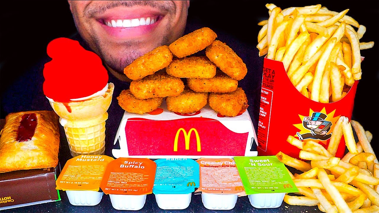MCDONALD'S CHICKEN NUGGETS ICE CREAM CONE DIPPED CHOCOLATE CRISPY FRENCH FRIES BIG BITES ASMR MUKBAN