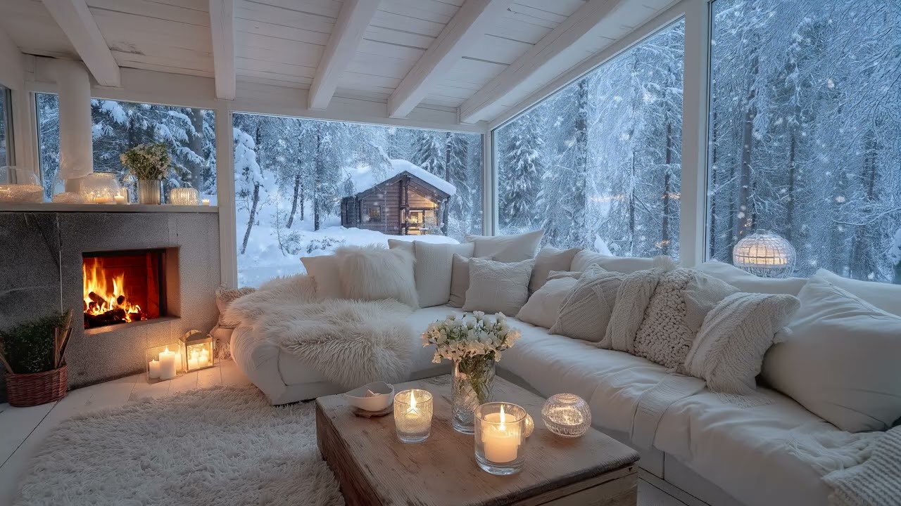 🎶 White Lounge Piano for Winter: Warm Fireplace, Snowy Window Views, Stress Relief & Study Music
