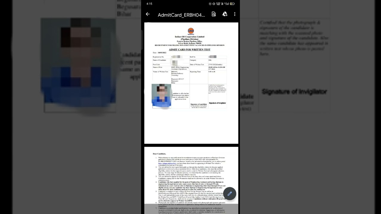 IOCL PIPELINE ADMIT CARD DECLARED