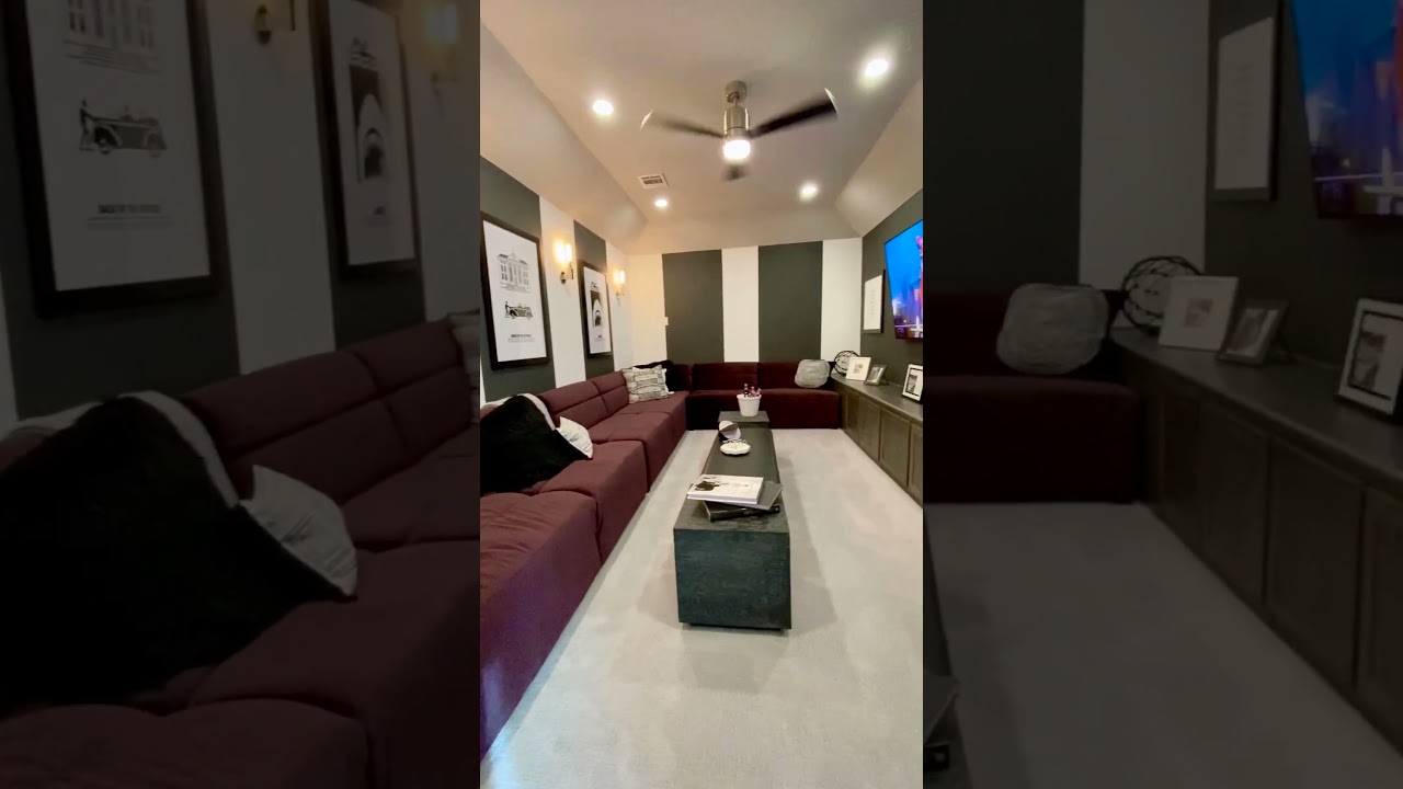 Home Theater Media Room Design with Gray and White Striped Walls and Purple Decor - Model Home Tour