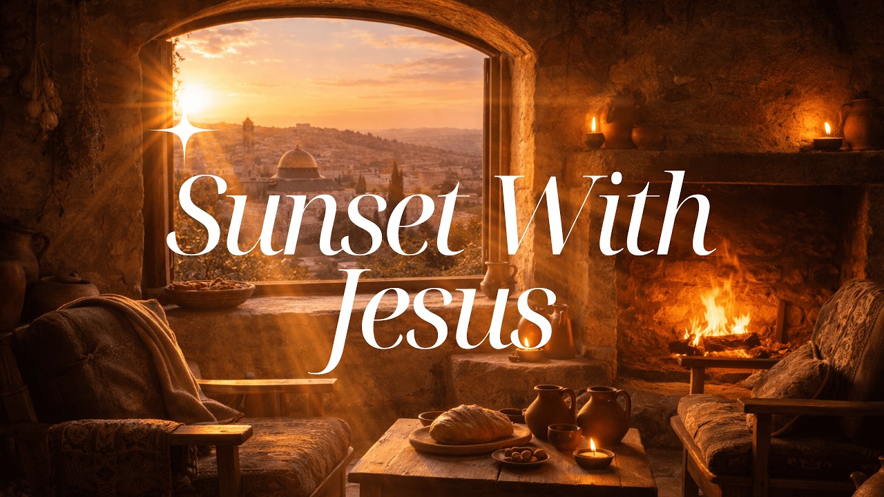 Quiet Time in Biblical Sitting Room by the Fire 🔥 | Sunset Ambience (Calming Prayer & Study Music)