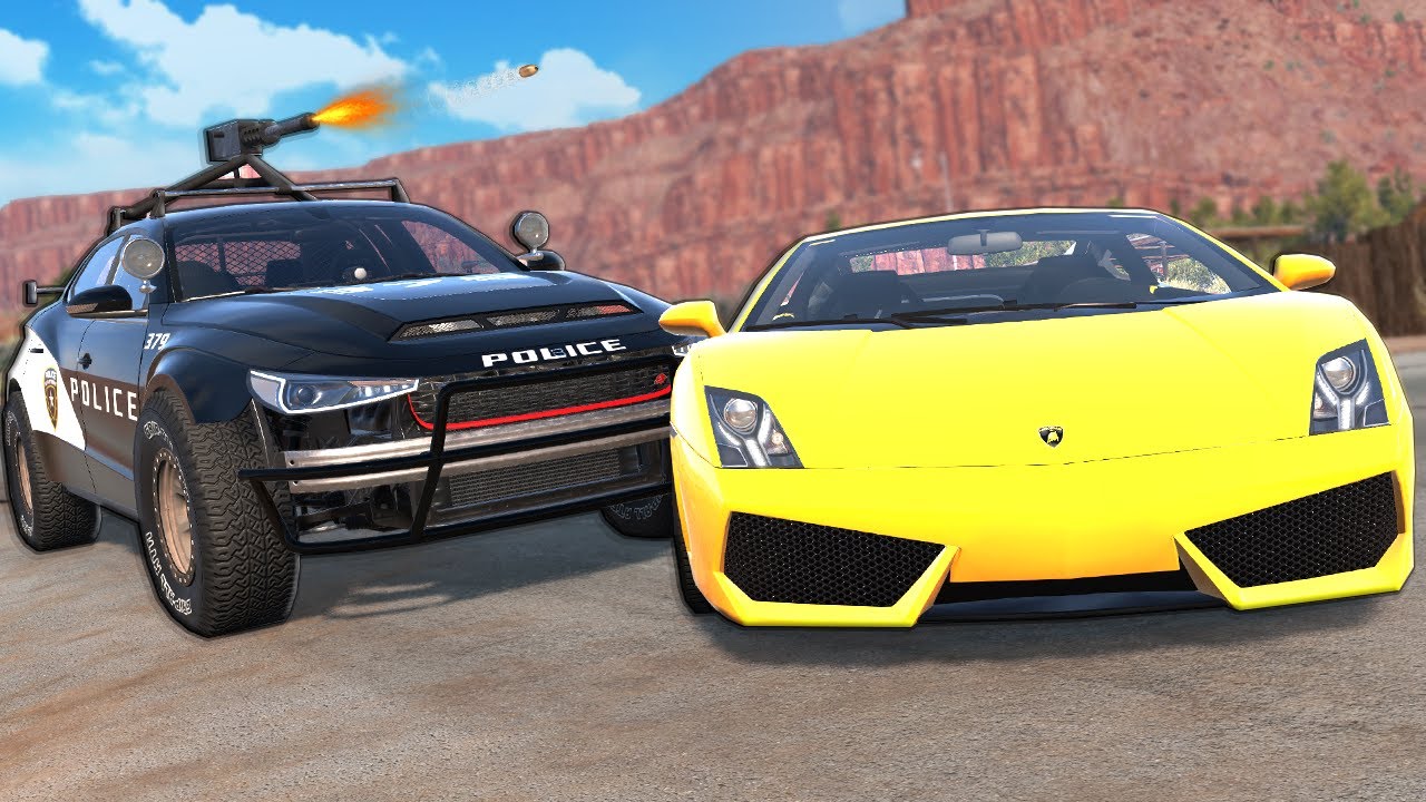 Police Car with Mounted MACHINE GUN Destroys a Lamborghini in BeamNG Drive Mods!