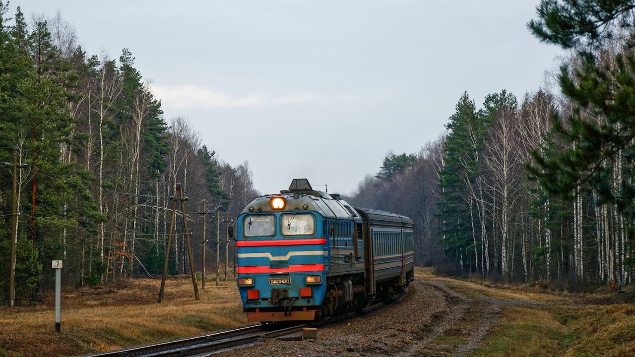 ДРБ1-12 + 2М62у-0312 с пригородным поездом следует по перегону Осиповичи-1-Деревцы 