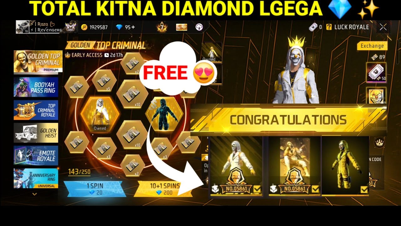 NEW GOLDEN TOP CRIMINAL BUNDLE IN FREE FIRE || NEW GOLDEN CRIMINAL RING EVENT FREE FIRE SPINS || FF