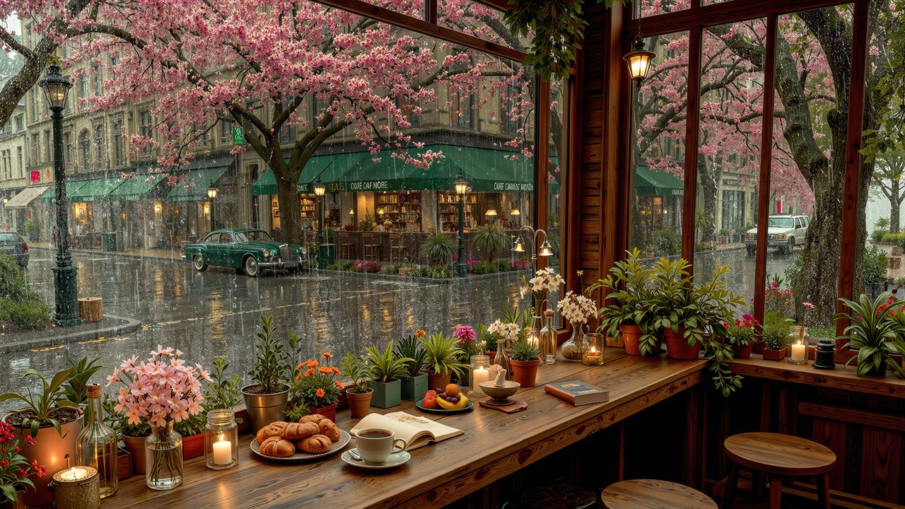 Cozy Window Café Jazz in the Rain - European Spring Street Ambience with Smooth Jazz for Relaxation