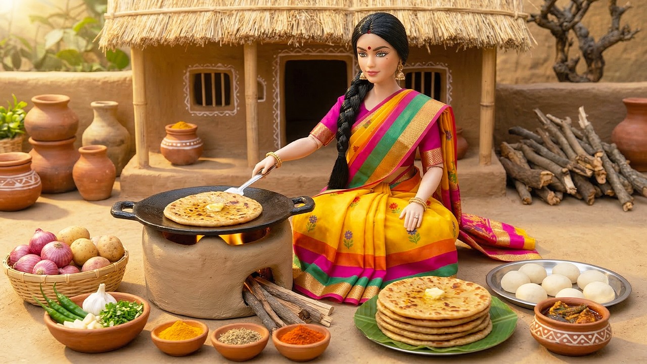 Miniature Doll  Aloo Paratha Cooking ASMR | Tiny Kitchen Breakfast for Neighbor Kindness Story
