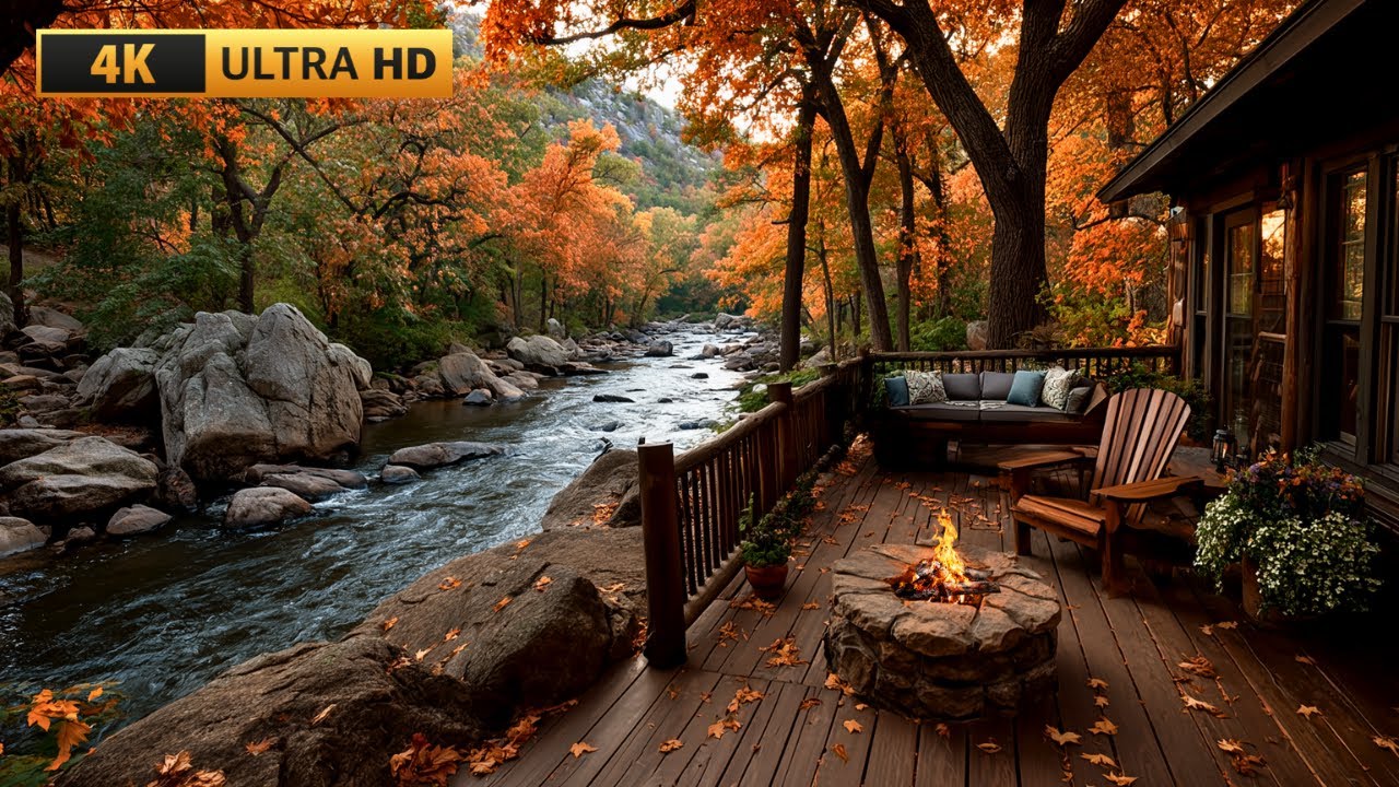 4K Riverside Porch in Autumn Forest | Cozy Firepit & Nature Sounds for Relaxing Ambience