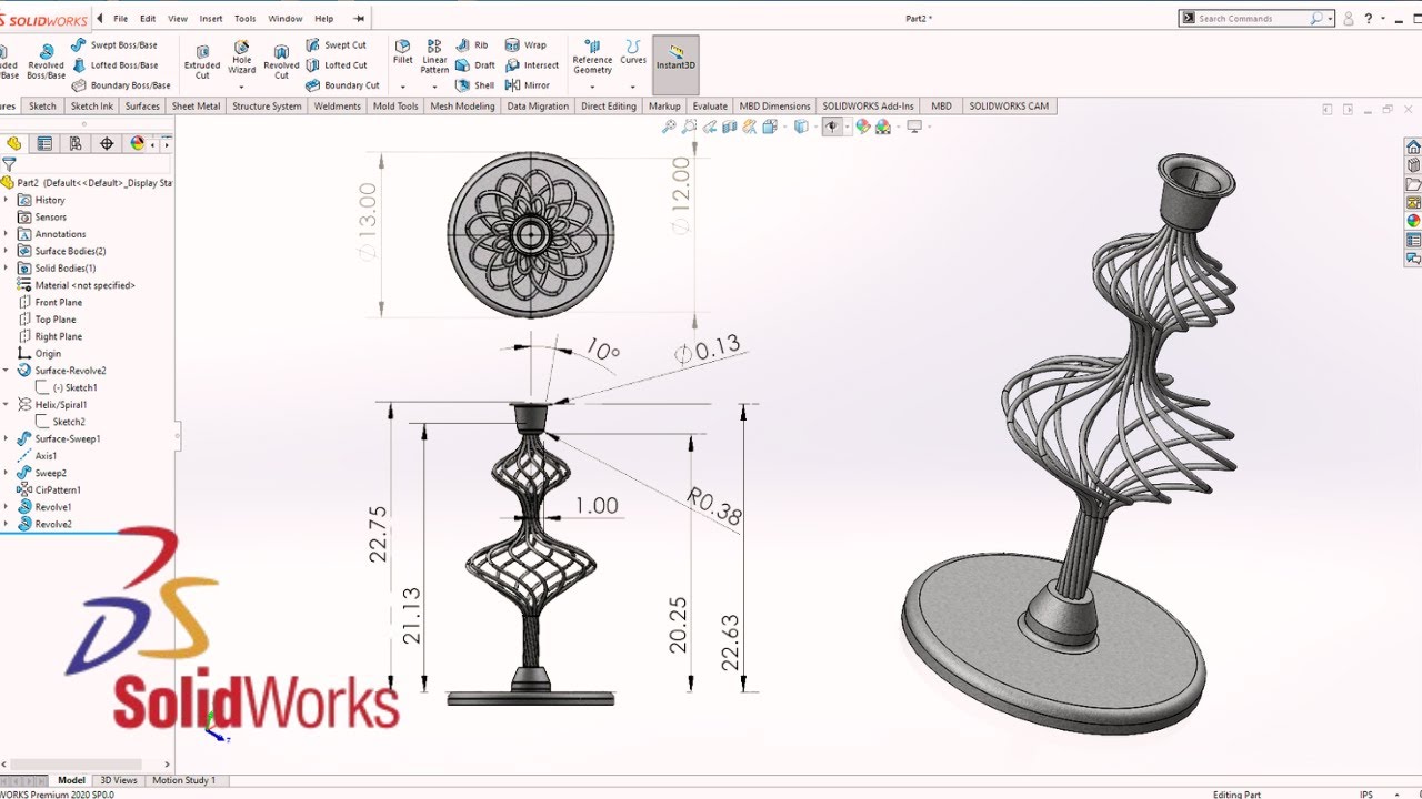 Solidworks Advanced Techniques: Surfaces vs  Solid Modeling-Candle Holder