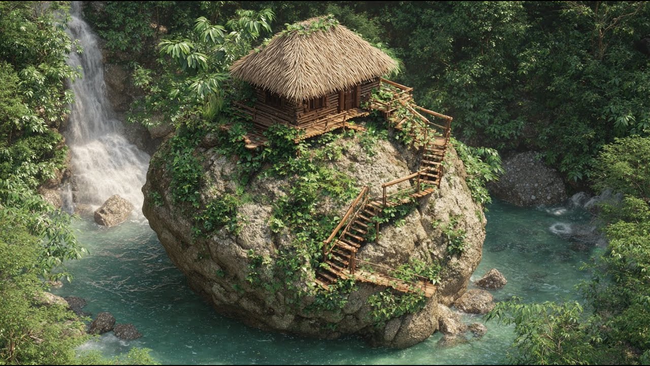 fullvideo1 Build a survival house on a large round rock  Shelter in the forest