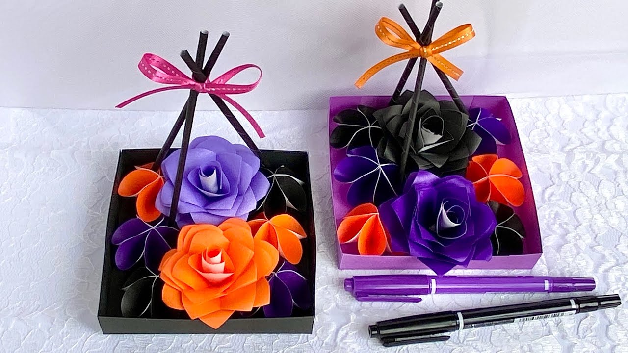 折り紙などで作る、花のボックスアレンジメント／Paper Flower box arrangement