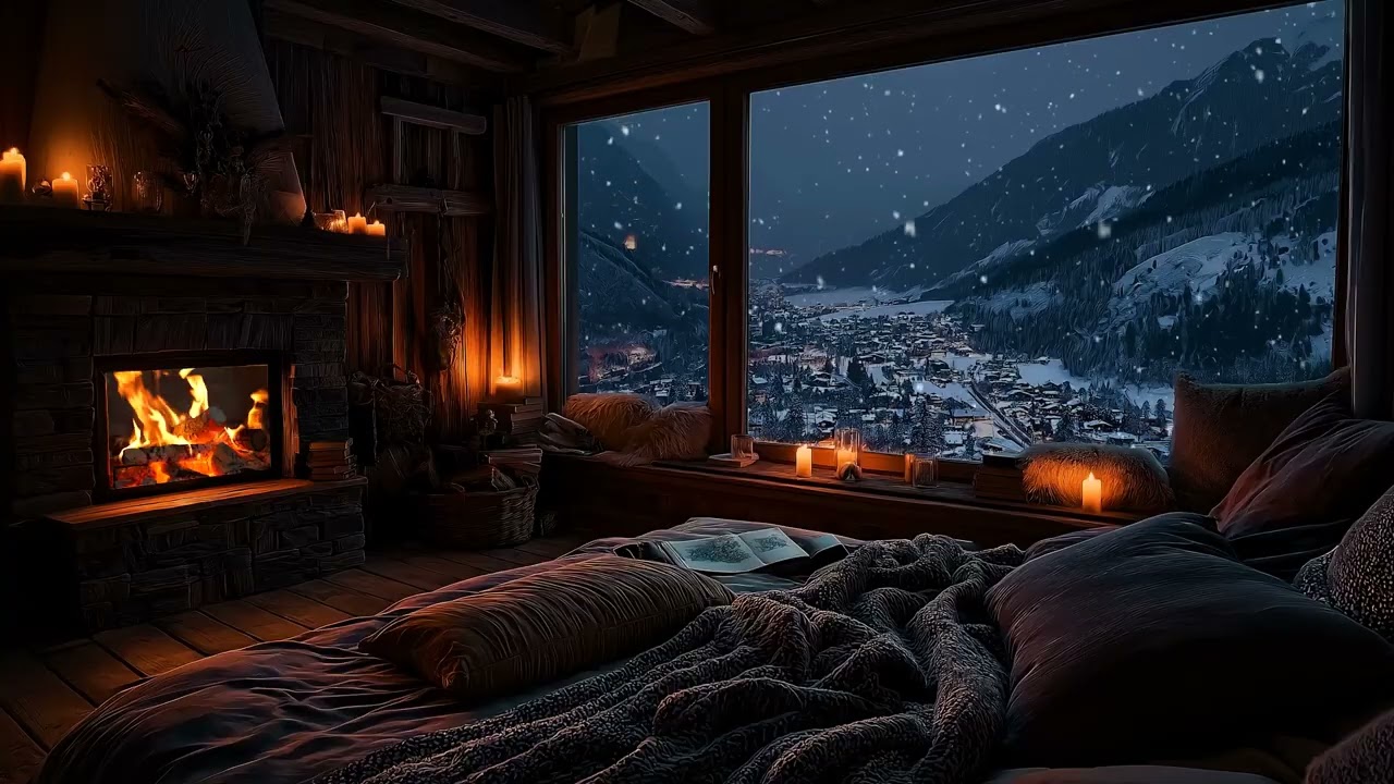 A Calm Night Filled with Soft Wind Sounds and a Warm Fireplace Burning Slowly