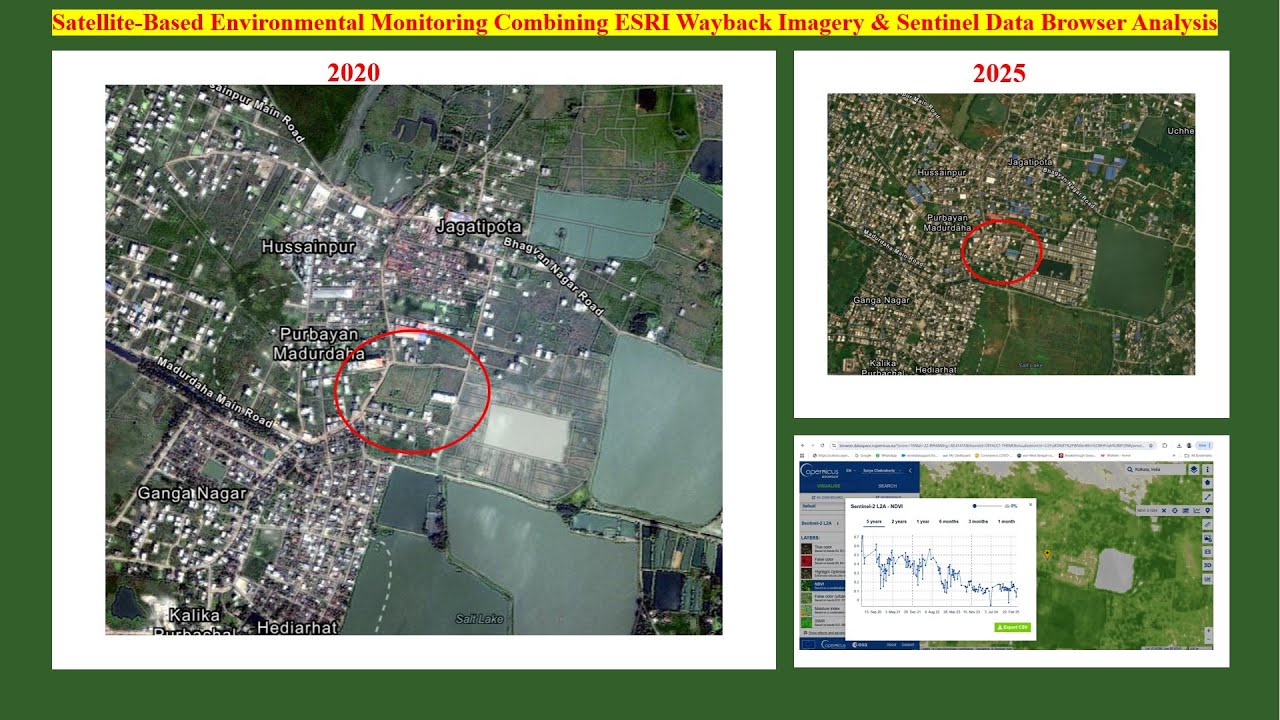 Спутниковый мониторинг окружающей среды, объединяющий изображения ESRI Wayback и браузер данных S...