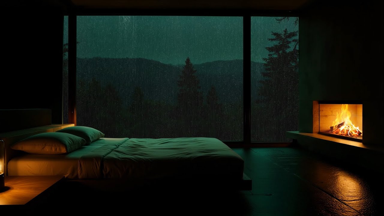 Serenity Sounds of Warm Fireplace & Soft Rainy 🌧 Best Rain in the Forest at Night 🌲