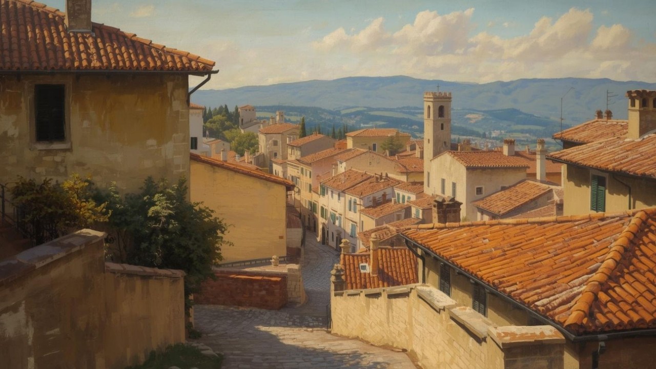 Tuscan Village Rooftops Vintage Painting  | Frame TV Art Display | 2-Hour Screensaver