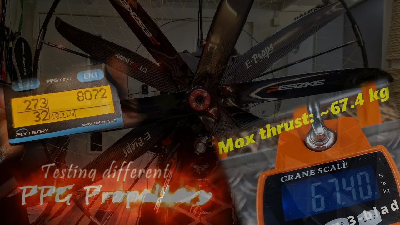 PPG Propellers. Testing 5 different props. On my back and on a thrust table