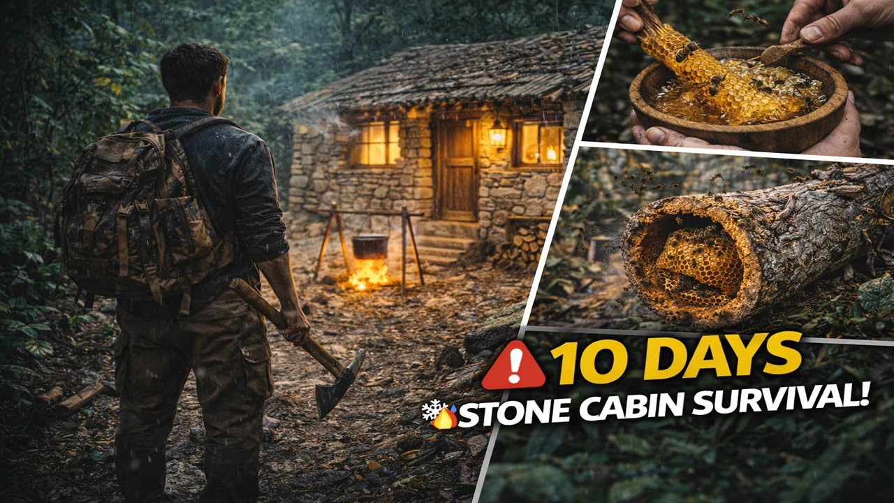 10 Days Stone Cabin Survival 🏕️🔥 Bushcraft Shelters + Wild Honey Harvest 🍯🍲 ASMR Camping