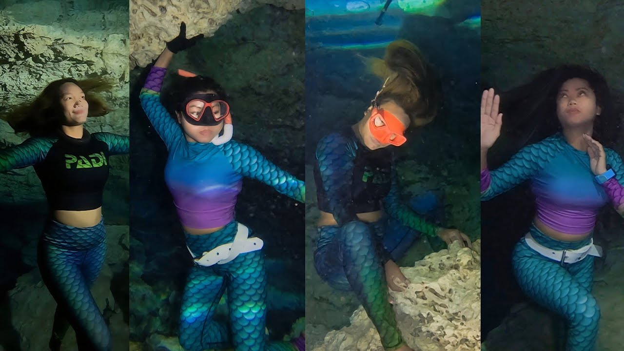 Two women Freedivers: Chin and Rowena descending into the cave!
