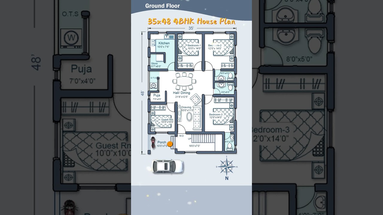 35&rsquo;&times; 48&rsquo; house plan, north facing 4BHK, 35 by 48 home plan, 35*48 house design #floorplan