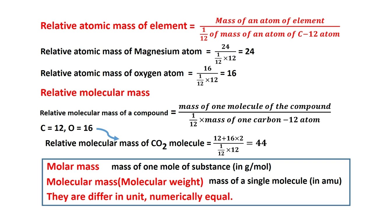 Relative atomic mass, molar mass, mol.wt, formula weight(Amount of substance and chemical reaction)