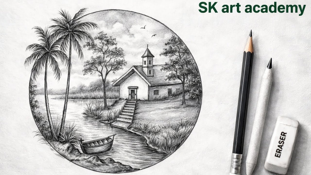 Title:Beautiful Village Landscape Drawing with Pencil | Easy Scenery Drawing Step by Step