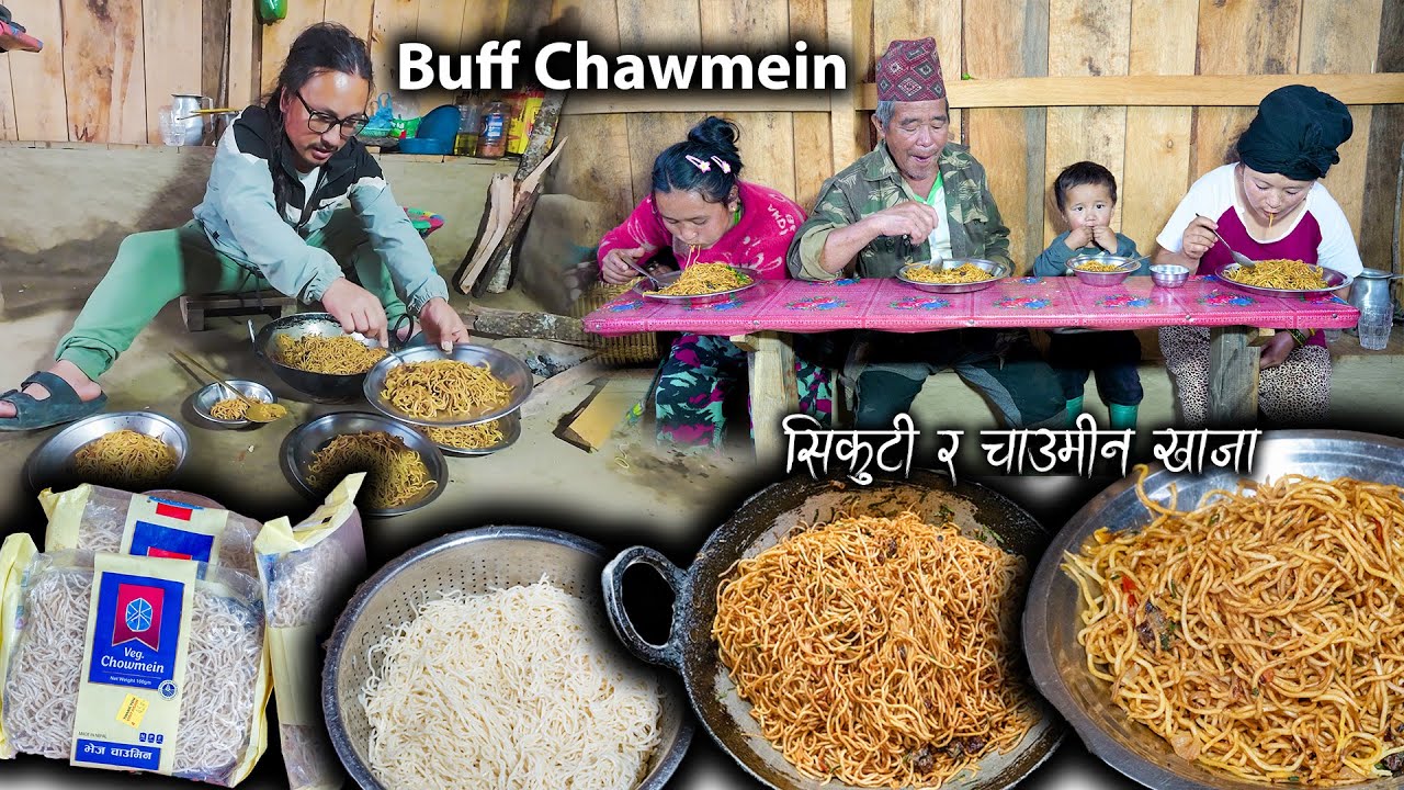Buff dry Meat & Chawmein making & eating | Eating Chaumin for lunch in a village home | Village Vlog