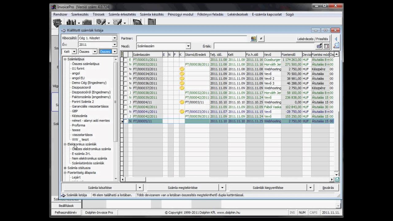 Dolphin - InvoicePro sz&aacute;ml&aacute;z&oacute; program - Sz&aacute;ml&aacute;k List&aacute;ja - Keres&eacute;sek