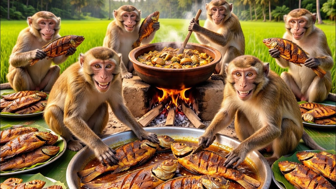 7 बंदरों की अनोखी दावत: नदी किनारे बनाई ज़बरदस्त मछली करी 🐒🔥🍛 | Monkey Cooking Video