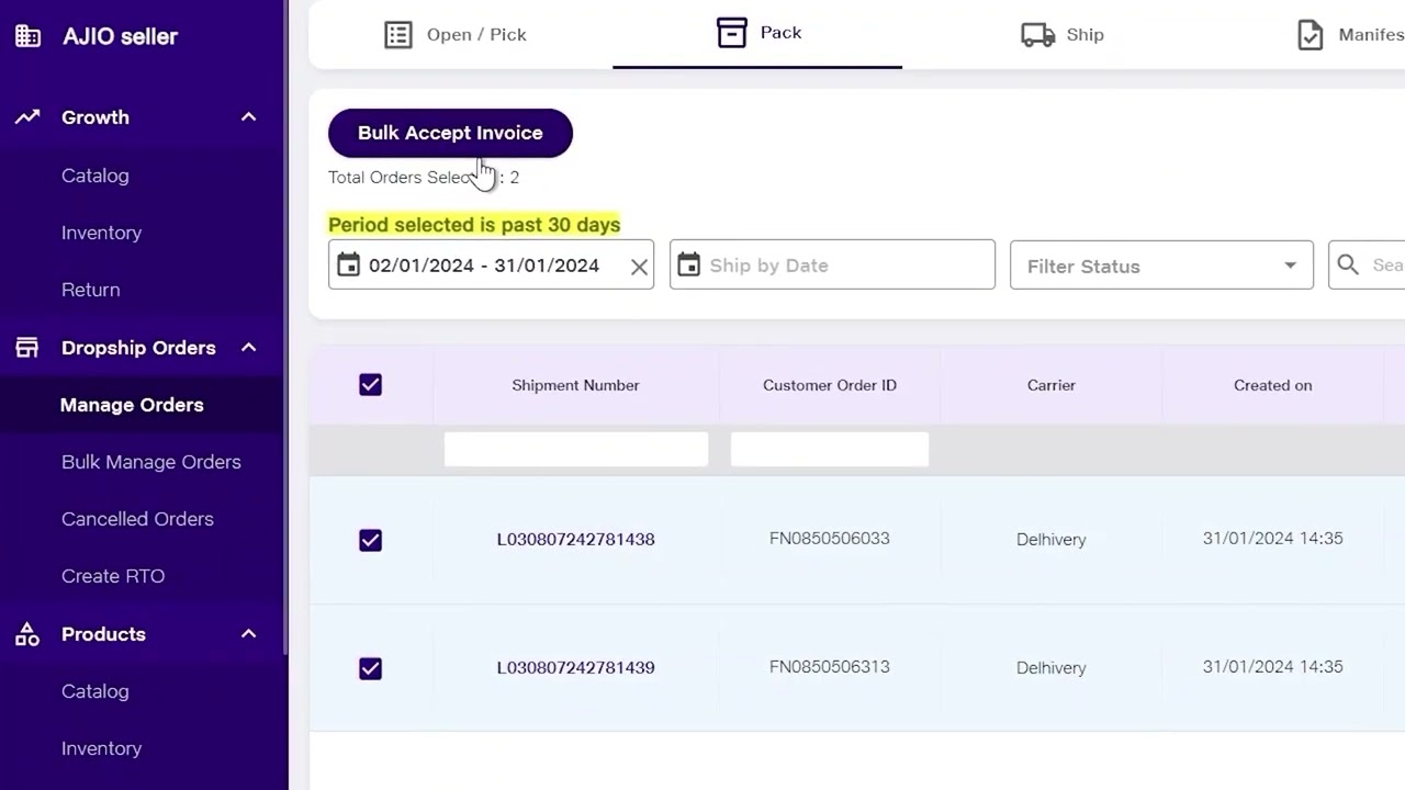 Dropship Order Processing on AJIO Seller Central