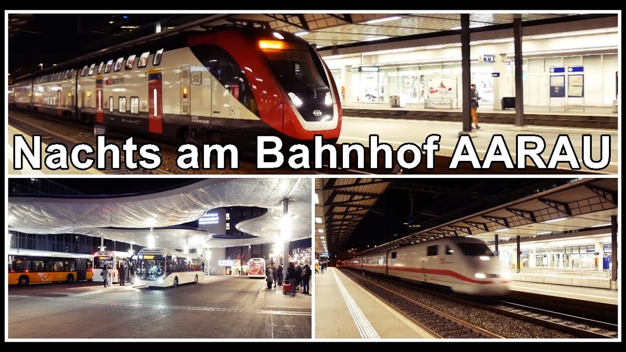 Nächtliche Bus und Zug Aufnahmen am Bahnhof Aarau SBB, Schweiz 2019 / Film 2