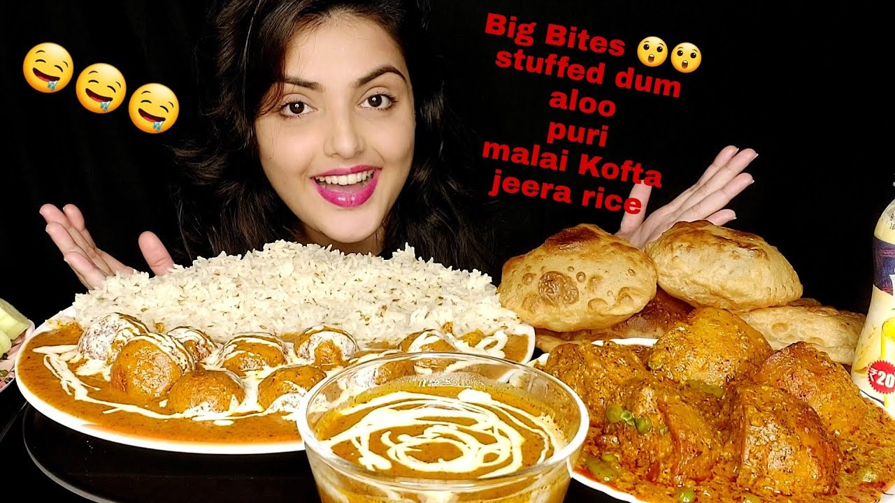 Eating Spicy Stuffed Dum Aloo🔥Puri/Luchi,Malai Kofta🤤Jeera Rice*Indian Veg Food*Big Bites Mukbang 😋🤤