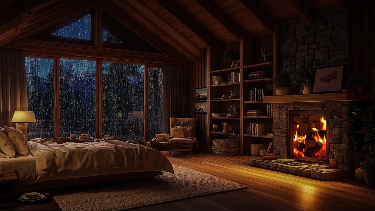 🌧️ Heavy Rain Outside a Cozy Mountain Cabin Bedroom | Window Rain & Fireplace Sounds | Deep Sleep