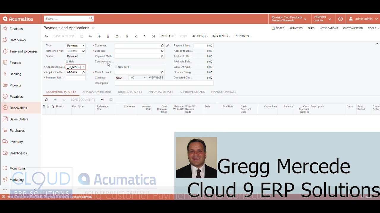 Acumatica - Receiving Customer Check Payment