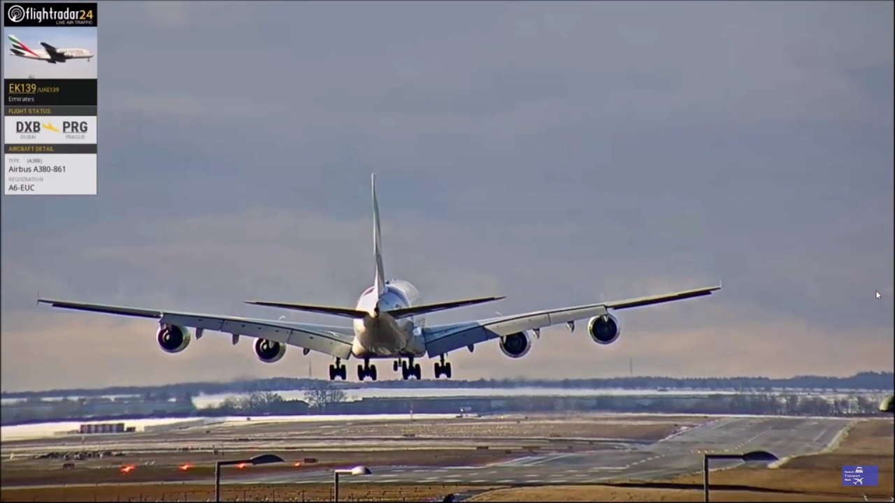 [FullHD] Emirates Airbus A380 landing at Prague airport - (with ATC)
