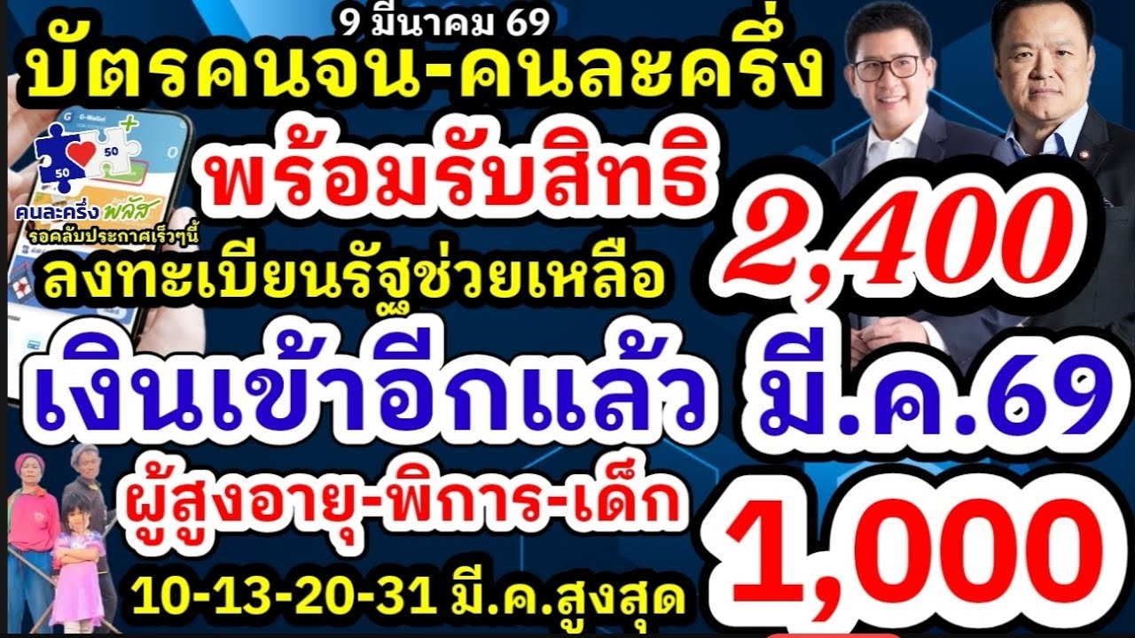 เงินเข้าอีกแล้ว ข่าวดีแจกเงิน คนละครึ่ง บัตรคนจน มาแน่เตรียมโอน 10 มี.ค.69 สูงสุด1,000 เงินไร่ละ1000