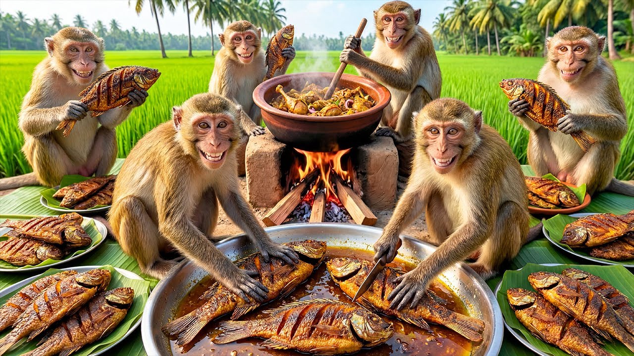 बंदरों ने मिलकर बनाई ज़बरदस्त मछली करी 🐒🔥🍛 | Monkeys Cooking Fish Curry at a  Party