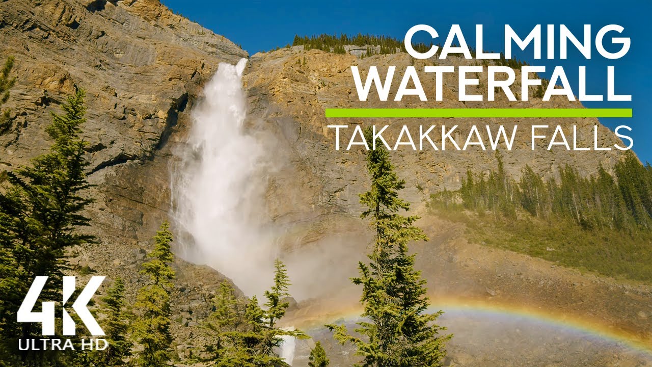 8 HRS Calming Waterfall Sounds & Morning Birds Chirping - 4K Rainbow over Takakkaw Falls, Canada