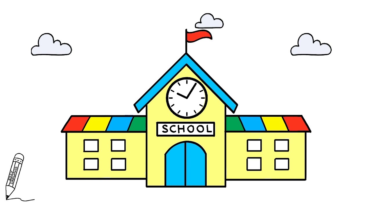 How to Draw a School | My School Drawing and Coloring Step by Step
