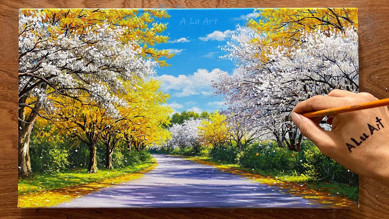 Drawing of roadside trees in bloom 
