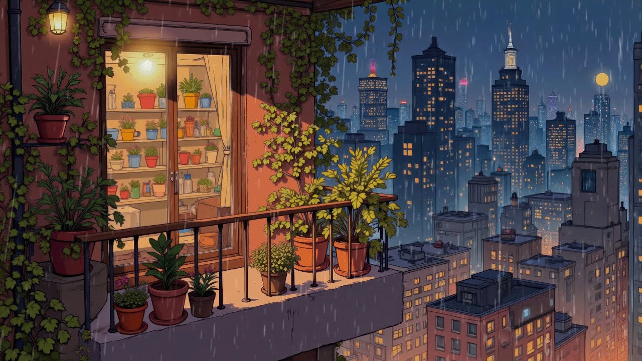 Late Night Balcony Rain ☕ Tokyo Rainy Day with Soft Lofi Rain for Focus, Relax, Work